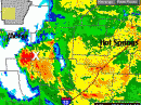 Doppler weather radar showed storms continually developing to the southeast of Mena (Polk County) and moving over the Albert Pike Recreation Area (Montgomery County -- marked by an X -- during the early morning hours of June 11. There are several small creeks and streams in and around the campground, including the Little Missouri River. These tributaries rose rapidly during the event (due to at least six inches of rain in just a few hours). A woman living in the area most of her life said an event of this magnitude had not occurred since May 1968; however, at that time, it was not the popular camping spot it is today. [Map courtesy of the National Weather Service, Little Rock]