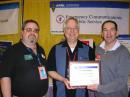 ARRL Emergency Preparedness and Response Manager Dennis Dura, K2DCD (center), presents ARES Commendation Certificates to Ohio Section Emergency Coordinator Frank Piper, KI8GW, of Pickerington (left), and District Seven Emergency Coordinator Steve Katz, N8WL, of Granville. These commendations were awarded on the recommendation of Ohio Section Manager Joe Phillips, K8QOE, for rescuing a crippled ARES unit and were presented to the Ohio ARES leaders at the ARES Forum during Dayton Hamvention. [Constance Barsky, WD8ODC, Photo]